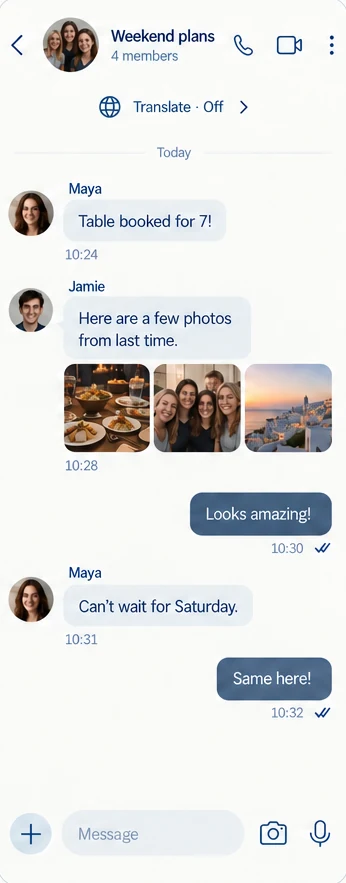 Group chat Weekend plans with shared photos